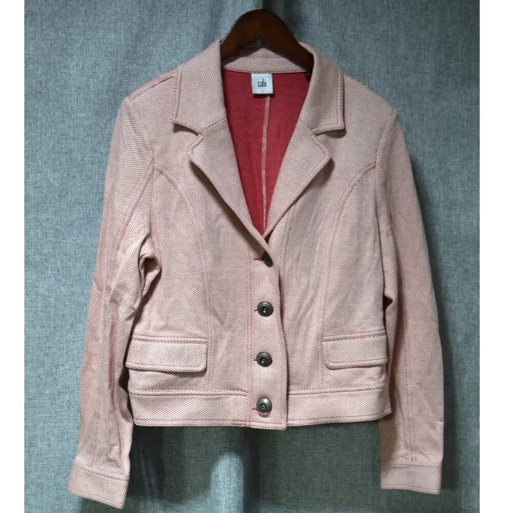 Cabi Textured Button Front Cropped Jacket – Pink/Red – Large - Picture 1 of 4